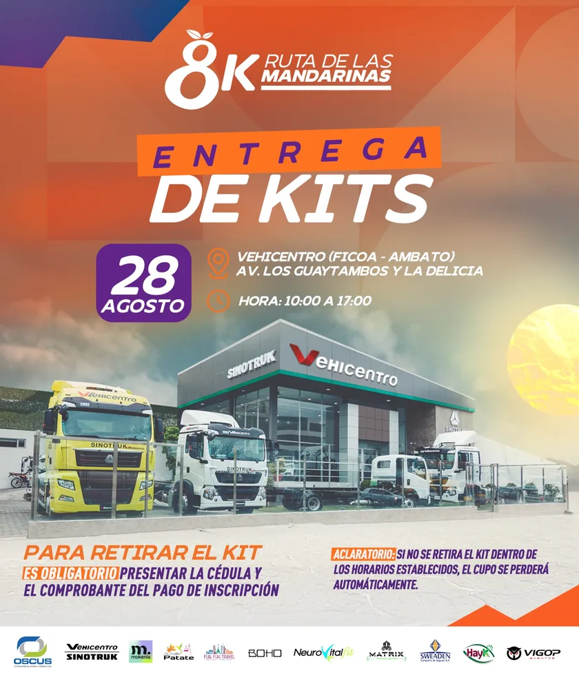 Entrega de kits: viernes 28 de agosto de 10h00 a 17h00 en Vehicentro (Ficoa, Ambato), Av. los Guaytambos y La Delicia. Es obligatorio presentar la cédula y el comprobante del pago